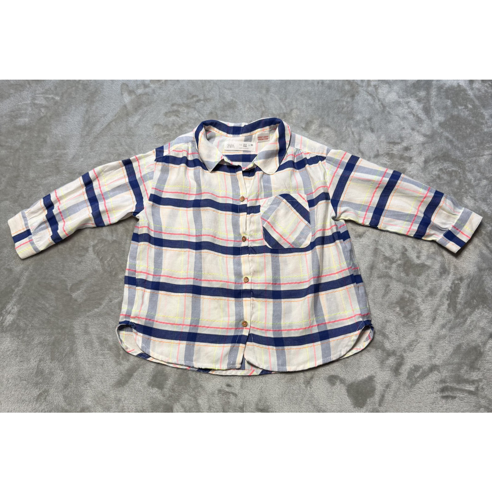 ZARA Kids 2-3 Years Plaid Button Up Shirt 98cm Neon Stripe Unisex Boys Girls - Picture 2 of 6